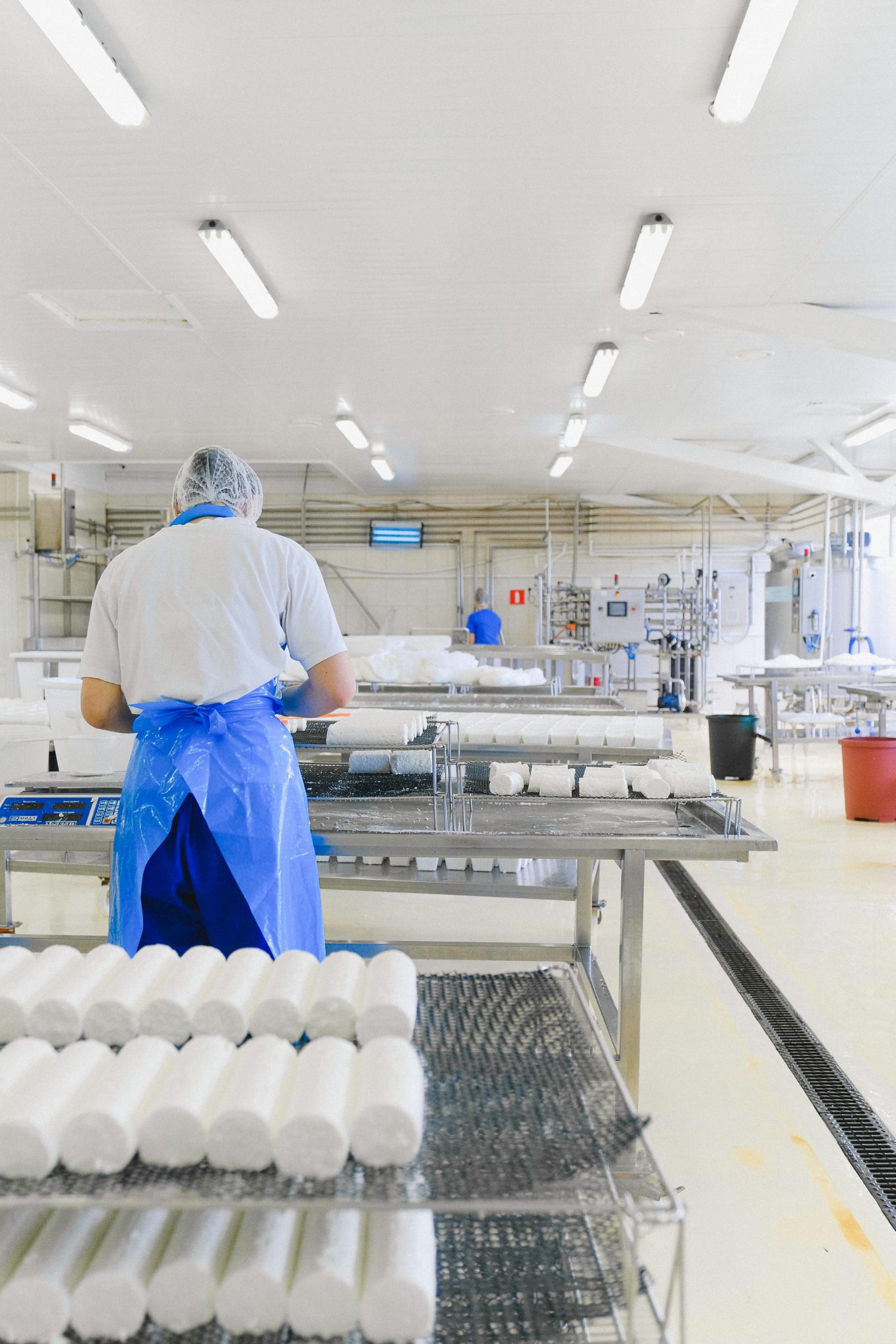 A worker in a cheese production factory, focused on processing and quality control.